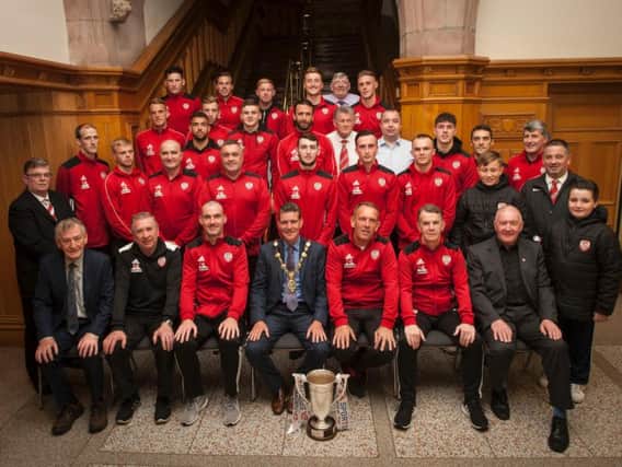 Mayor of Derry City and Strabane District Council, John Boyle pictured at a reception for Derry City FC at the Guildhall on Tuesday night in honour of their recent successful EA League Cup success. (Photos: Jim McCafferty Photography)