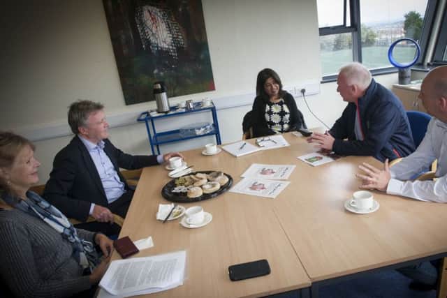 Danny Cassidy, chairman, Sean DolanÃ¢Â¬"s GAC, one of the organisations that will receive funding in conversation with, from left, Debbie Lye, Chief executive, Spirit 2012, Kieran Harding, Spirit 2012 Board member, Angila Chada, Springboard Executive Director, and on right, George McGowan, Director, Old Library Trust, Creggan. (Photos: JIm McCafferty Photography)