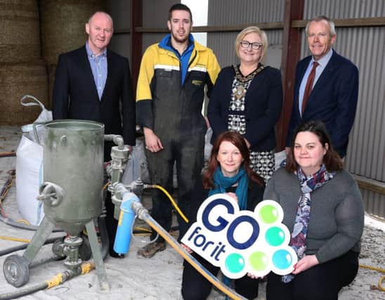 2 Oct 2018 McAuley Multimedia...Pictured celebrating the 200th â¬ÜGo for Itâ¬" business plan with the Mayor of Causeway Coast and Glens Borough Council, Councillor Brenda Chivers are (front row) Bridget Mc Caughan, Causeway Coast and Glens Borough Council, Joanne Miller, Roe Valley Enterprises, (back row), Martin Devlin, Roe Valley Enterprises, Robbie Starrett, R. S. Sandblasting and Martin Clark, Causeway Coast and Glens Borough Council.PICTURE KEVIN MCAULEY/MCAULEY MULTIMEDIA