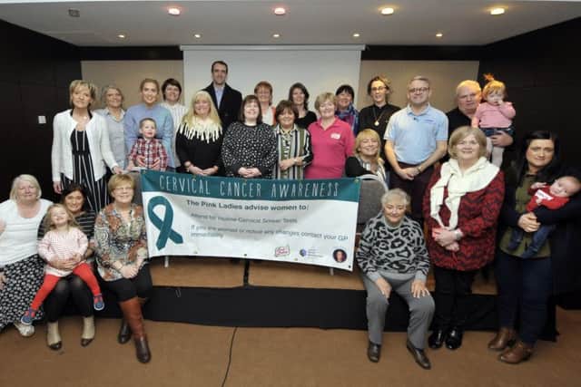 Pictured are some of the people who attended a previous Pink Ladies and Team Sorcha Cervical Cancer Awareness Coffee Morning in memory of Sorcha Glen held in the Maldron Hotel. Included in the picture are Martina Anderson MEP and Mark H Durkan MLA. DER0417GS020