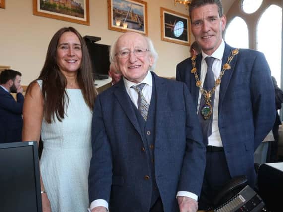President Michael D. Higgins, with the Mayor and Mayoress of Derry and Strabane, Councillor John Boyle and Angela OKane.