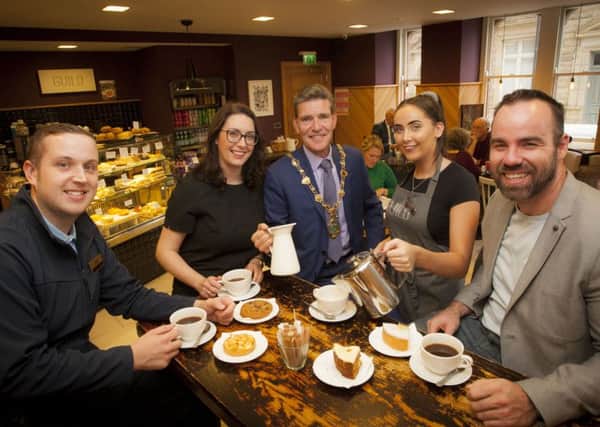 WALLED CITY COFFEE EVENINGS. . . . . The Mayor of Derry City and Strabane District Council John Boyle pictured at the launch of the Walled City Coffee Evenings at the Guild Cafe, Guildhall on Friday afternoon last. Included from left are David Toland, Tech. Support, DCSDC, Alison Morris, Operations Manager, Museum and Visitors Services, DCSDC, Jennifer Mason, Guild Cafe and Kieran Murray, WalledCity.Coffee (Photos: Jim McCafferty Photography)