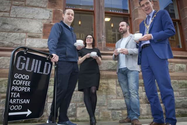 WALLED CITY COFFEE EVENINGS. . . . . The Mayor of Derry City and Strabane District Council John Boyle pictured at the launch of the Walled City Coffee Evenings at the Guild Cafe, Guildhall on Friday afternoon last. Included from left are David Toland, Tech. Support, DCSDC, Alison Morris, Operations Manager, Museum and Visitors Services, DCSDC, and Kieran Murray, WalledCity.Coffee (Photos: Jim McCafferty Photography)