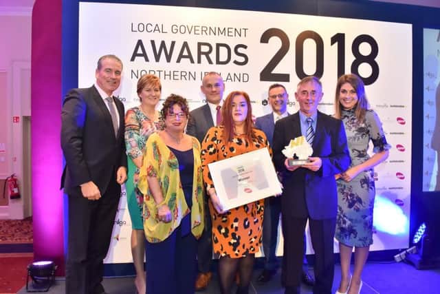 Mid and East Antrim Waste Team , Mid & East Antrim Borough Council, won Best Local Authority Service Team:: Back row , Paul OBrien (APSE), Elaine Smith, Stephen Hogale, Tom Maybin and Sarah Travers. Front row,  Ald Gerardine Mulvenna, Anne Donaghy (CEO) and Philip Thompson.