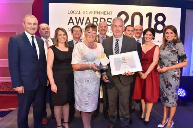 The Community Planning Initiative was won by MUDC Community Planning Partnership, Mid Ulster District Council: Back row, Derek McKinney, Cllr Martin Kearney, Anthony Tohill (CEO), Cllr Mark Glasgow, Mark Kelso, Kim Ashton and Sarah Travers. Front row, Stephen Reid (SOLACE), Anne Caldwell, Cllr Frances Burton and Cllr Sean McPeake.