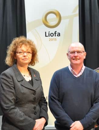 Councillor Kevin Campbell with former Culture Minister CarÃ¡l NÃ­ ChuilÃ­n at the launch of the LÃ³ifa campaign in Derry