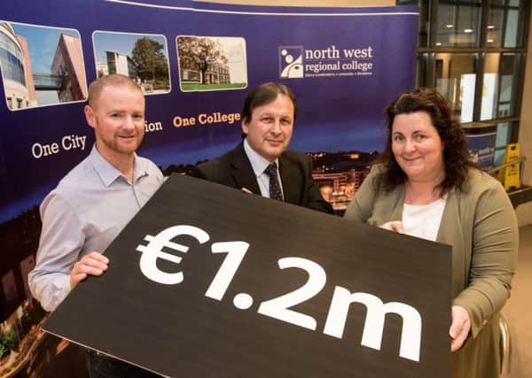 Pictured at the announcement that North West Regional College has secured Ã¢Â¬1.26M of Erasmus+ Funding - from left to right are Donal Davis, NWRC student, Leo Murphy, NWRC Principal and Chief Executive and Bronagh Fikri, NWRC European Projects Officer. (picture by Martin McKeown, Inpresspics)