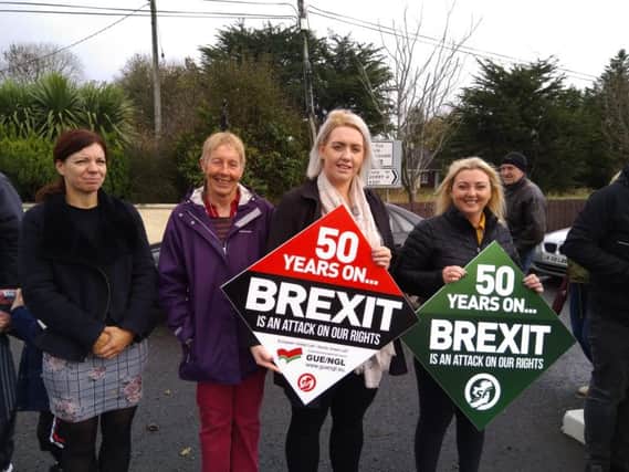 Lisa Lamberton, Daisy Mules ,Hayleigh Fleming and Foyle MLA Karen Mullan at the rally in Killea Village on Saturday afternoon as part of series of rallies held across Ireland and Britain against Brexit.