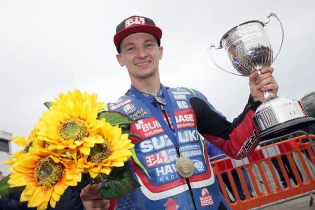 Richard Cooper (Hawk Suzuki) celebrates winning the Sunflower trophy race at Bishopscourt.Danny Buchan (FS Kawasaki) was runner up with Michael Laverty (Tyco BMW) in third.
PICTURE BY STEPHEN DAVISON