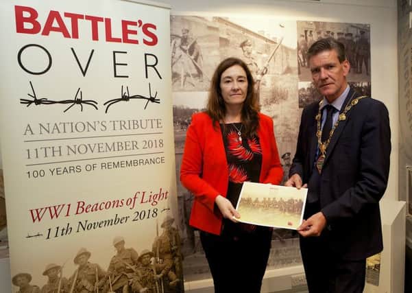 John Boyle at the launch event for Battles Over with Roisin Doherty, Curator at the Tower Museum (Photo - Tom Heaney, nwpresspics)