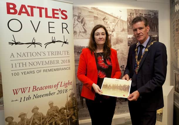 John Boyle at the launch event for Battles Over with Roisin Doherty, Curator at the Tower Museum (Photo - Tom Heaney, nwpresspics)