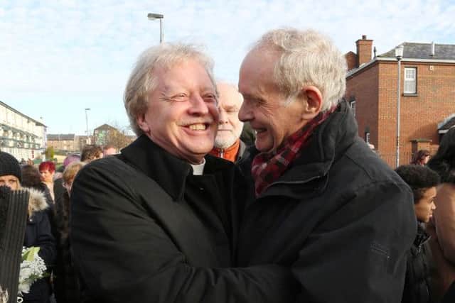 2017... Rev. David Latimer and Martin McGuinness at the annual Bloody Sunday memorial service in the Bogside.