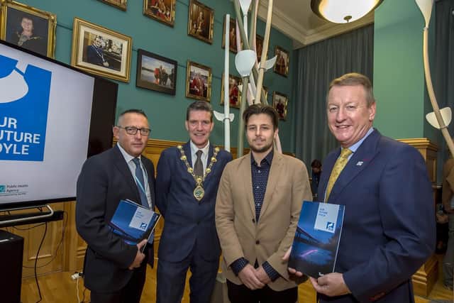 Brendan Bonner, Public Health Agency, Councillor John Boyle, Mayor of Derry City and Strabane, Ralf Alwani, Royal College of Art and Jim Roddy, City Centre Initiative, pictured at the launch of the Our Foyle Future project in the Guildhall yesterday morning.