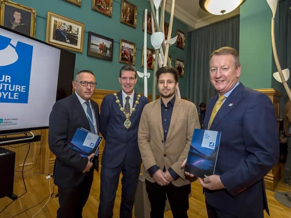 Brendan Bonner, Public Health Agency, Councillor John Boyle, Mayor of Derry City and Strabane, Ralf Alwani, Royal College of Art and Jim Roddy, City Centre Initiative, pictured at the launch of the Our Foyle Future project in the Guildhall yesterday morning.
