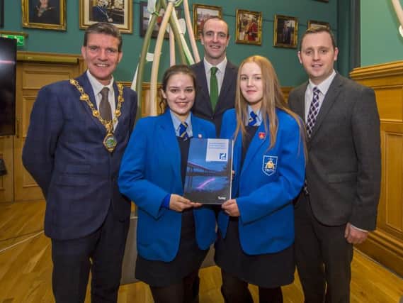 Councillor John Boyle, Mayor of Derry City and Strabane, Niamh McKinney, St Marys College, Mark H Durkan MLA, Erin Quigley, St Marys College and Gary Middleton MLA pictured at the Our Foyle Future project launch  the Guildhall yesterday morning.