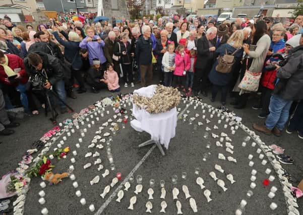 People gathered to protest at the site of the former Tuam home for unmarried mothers in County Galway, where a mass grave of around 800 babies has recently been uncovered, at the same time as Pope Francis held a mass in Dublin.