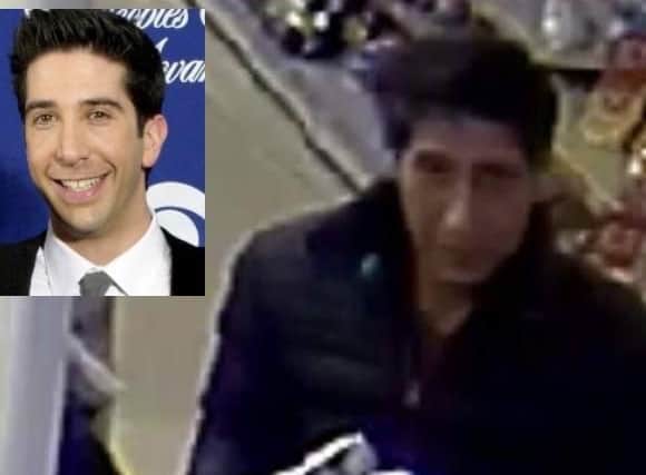The man wanted by police in connection with an alleged theft. Inset: David Schwimmer who plays Ross Geller in hit US sitcom Friends.