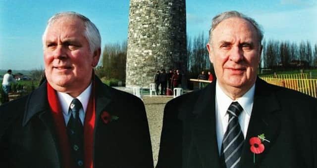 The late Glen Barr and the late Paddy Harte T.D. at the Peace Tower in Messines.