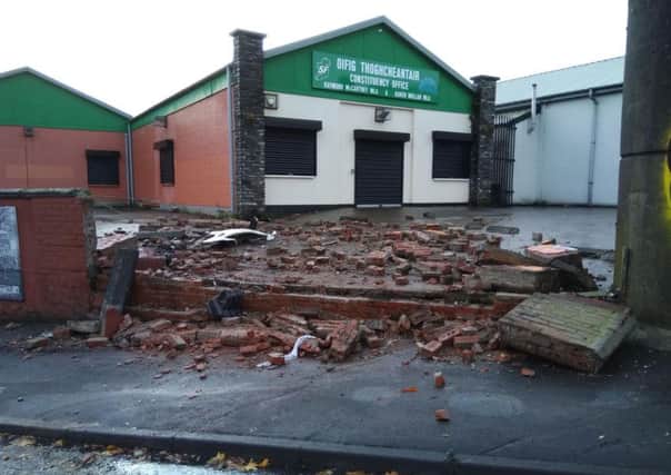 The flattened wall outside Sinn Fin's office in Creggan.
