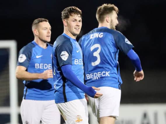 Glenavon's Ben Doherty following his goal against Newry City AFC.