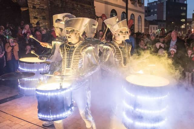 International drummers Spark! make their way through Derry city centre on Sunday as they take part in Derry City and Strabane District CouncilÃ¢Â¬"s annual HalloweÃ¢Â¬"en Festival. Picture Martin McKeown. Inpresspics.com 28.10.18