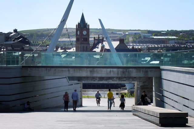 A view of the Peace Bridge and Guildhall in Derry. (Photo: Andrew Quinn)