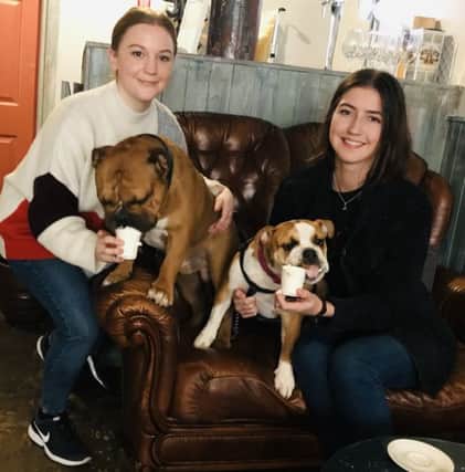 Lisa McClure (left), Cafe Manager with Dervla McKnight and her pooches Lily and Pretty Boy Floyd relaxing in the Dog House Cafe.