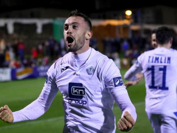 Finn Harps striker, Nathan Boyle celebrates scoring the club's second goal in the 2-0 play-off win over Limerick at Markets Field.