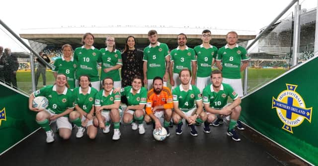 Bound for Mexico...... The Northern Ireland Men and Women's teams with local men Marc Cross (number 10) and Matthew Gallagher (captain, Number 4) in the front row.