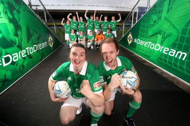 Press Eye - Belfast - Northern Ireland - 07th November 2018 - Photo by William Cherry/Presseye
Ruth Boyle and Matthew Gallagher from Street Soccer NI team are pictured at a farewell reception ahead of their week-long trip to Mexico to represent Northern Ireland in the Homeless World Cup street football tournament. The competition brings together more than 500 players from over 50 countries who have faced homelessness and social marginalisation and helps ensure opportunities for the players to positively transform their lives upon return. Street Soccer NI is being funded by the Department for Communities, as part of the Northern Ireland Executiveâ¬"s Together: Building a United Community (T:BUC) Strategy.
