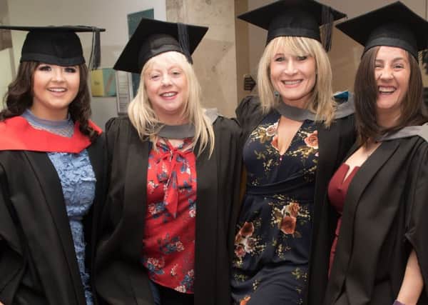Shannon Murphy (Feeney), Geraldine Doherty (Strabane), Valerie Laven (Coleraine), and Jean Lyttle (Derry) celebrate their graduation from North West Regional College. (Pic Martin McKeown)