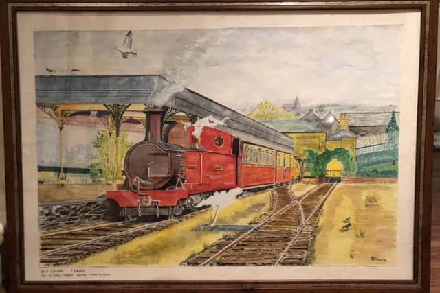 Frank o'Connor's painting of the Donegal Railway Company's the Columbkille, which his own father worked on. This was  the first picture Frank painted.