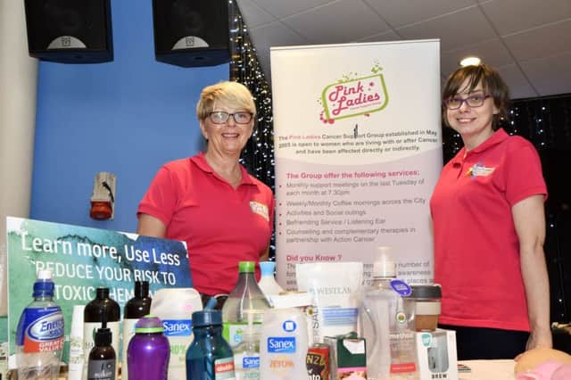 Jacquie Loughery and Marie Anne Gallagher pictured at their Pink Ladies Cancer Support Group stand during the Handy Women and Health Check event held at the Gasyard Centre as part of International Women's Day. The event was funded by Urban Villages. DER1018-155KM