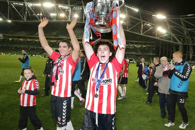 Barry McNamee lifts the FAI Cup at the Aviva in 2012 under the management of Declan Devine.