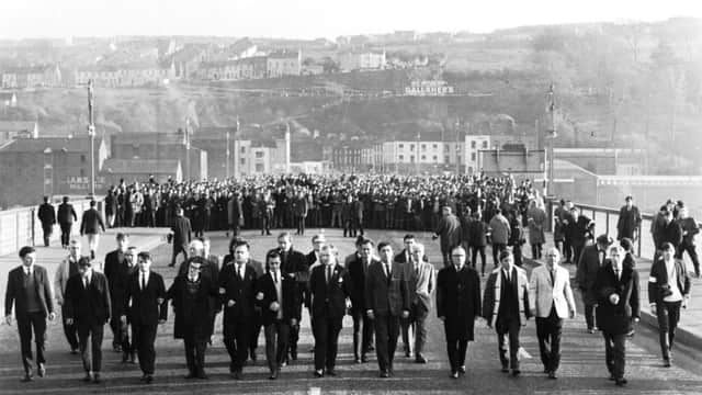 Civil rights march on its way across Craigavon Bridge on 16 November 1968.