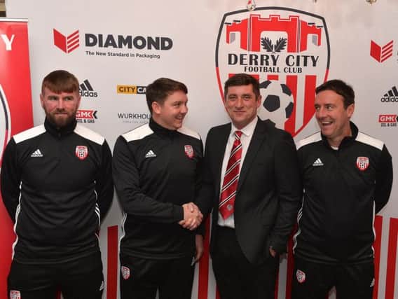 DREAM TEAM . . . Newly appointed Derry City manager Declan Devine pictured his coaching team Paddy McCourt, Kevin Deery and Marty McCann at a press conference, held in the Bishops Gate Hote