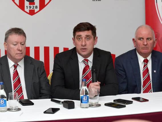 Derry City Chairman Philip O'Doherty (left), Declan Devine, Derry City manager and Sean Barrett, (Chief Executive).