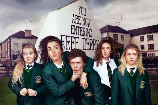 'Derry Girls' were filming in and around the Bogside again yesterday before moving to the city centre today. (Photo: Channel 4)