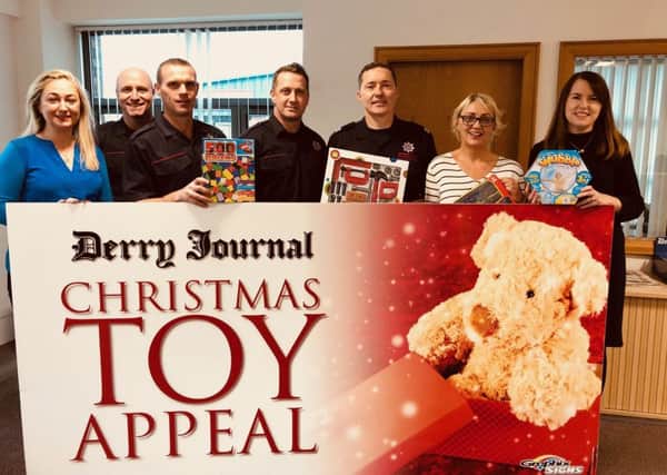 Pictured at the recent launch of the Derry Journal Toy Appeal is Louise Strain, Derry Journal, Gerry Tracey, Mike Cullinan, Darren Duffy and Damien Gallagher Northern Ireland Fire and Rescue Service, Jacqui Diamond and Geraldine Gallagher, Derry Journal.