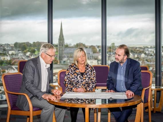 From left, outgoing Apex CEO Gerry Kelly, with the incoming boss Sheena McCallion and the Apex chairman, John Meehan.