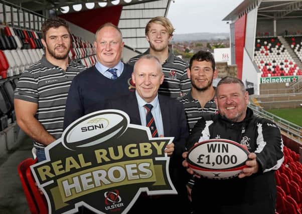 At the launch (L-R) Wiehahn Herbst (Ulster Rugby), Patrick Baird, (Adult winner 2018), Nick Fullerton (Director, SONI), Rob Lyttle (Ulster Rugby), Marcell Coetzee (Ulster Rugby), Noel Brown (Youth & Mini Rugby winner 2018)