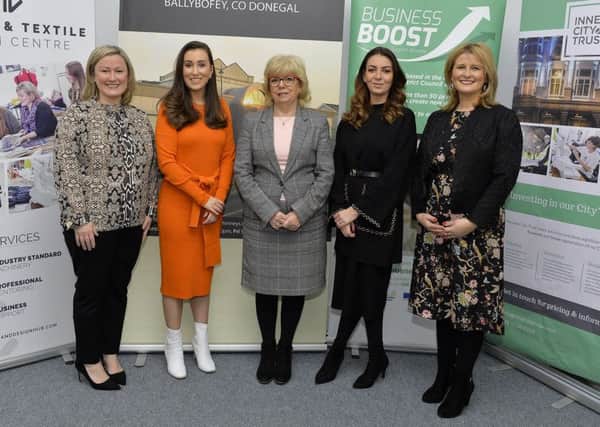 Helen Quigley (centre), Inner City Trust,  pictured with judges Deidre William, Fashion and Textile Design Centre, Annable Breen, Dunnes Stores Dublin, Tara Nicholas, DCSDC, and Aishling Logue, McEhiinneys Ballybofey,  at the recent launch of the Designers Pitching competition held in the Inner City Trusts Fashion and Design Centre on Shipquay Street.  DER5018GS035