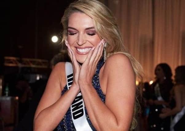 Grainne Gallanagh reacts with delight after being placed in the top 20 at Miss Universe.