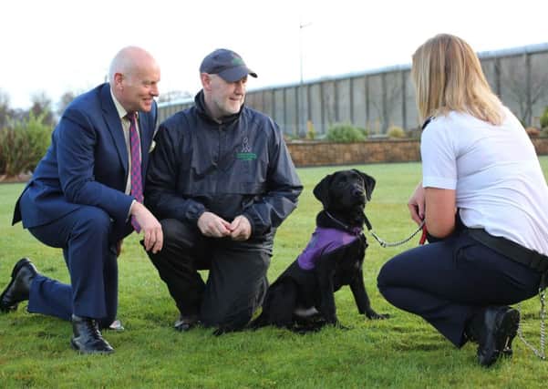 'Jingles', a four-months old  black Labrador, is the latest recruit to Magilligan Prison and has begun intensive training to become an Assistance Dog for prisoners. He is pictured with Magilligan Deputy Governor Dave Bowden, Richard Craig, Assistance Dogs NI trainer and the Senior Prison Officer he has been assigned to.