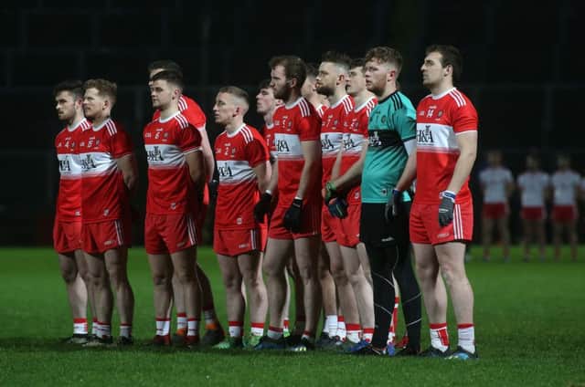 Derry line out for their opening Bank of Ireland Dr. McKenna Cup, tie against Tyrone. (Â©INPHO/Lorcan Doherty)