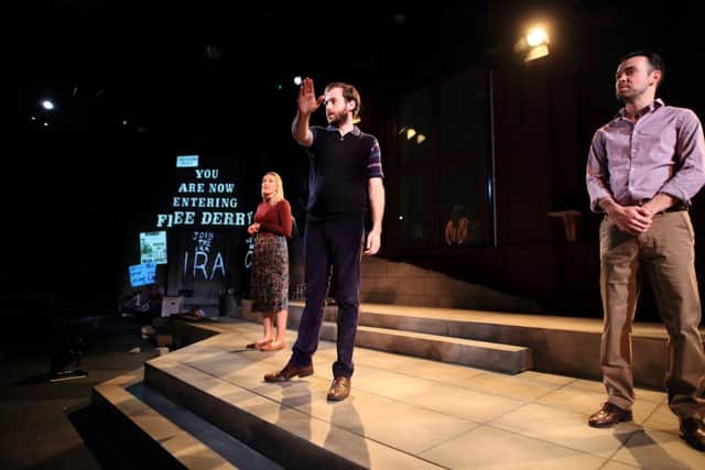 The cast of The Playhouse production of The Bog Couple take a bow. The production was such as success it will return to The Millennium Forum in January 2019.