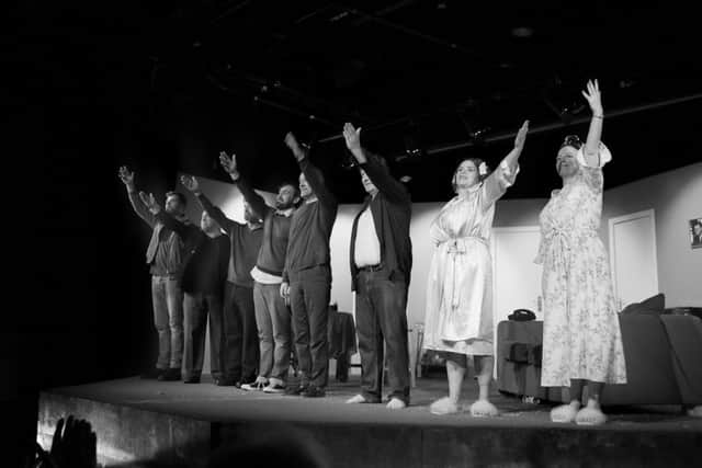 (L-R) Maria McGavigan, MicheÃ¡l McDaid and Damien Hasson, performing in The Crack in Everything, the first production from The Playhouse Theatre Peace Building Academy.