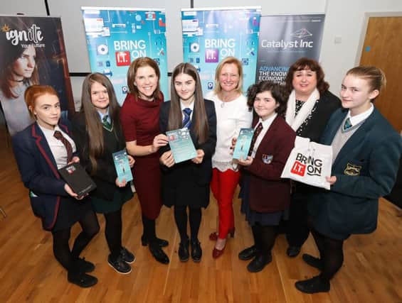 Sinead Dillon, Principal Consultant at Fujitsu, pictured with Dr Michaela Black from Ulster University, Susan McCambridge from Bring IT On, and local students at the Â‘Changing IT: Careers for the FutureÂ’ event.