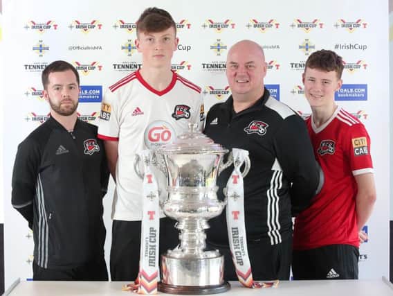 Maiden City representatives and players who attended the Tennents Irish Cup fifth round draw. From left, Chris Mansfield, Jamie Robinson, Paul Kee and Josh Kee. Maiden City lost out to Championship side Dergview