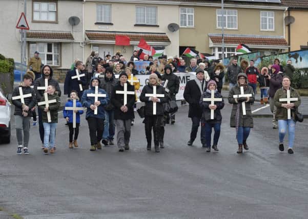 Relatives leading the 46th Bloody Sunday anniversary march and rally in January 2018. DER0518GS003